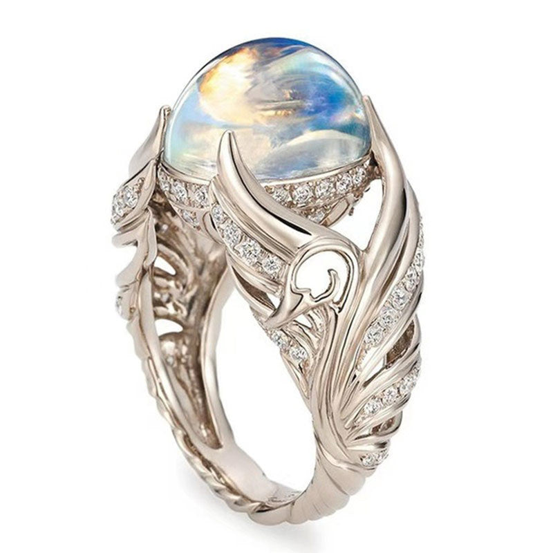 Women's Hollow White Swan Colorful Imitation Moonstone Rings