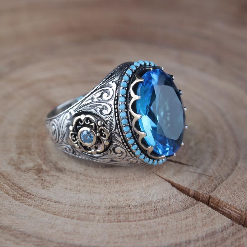 Inlaid Sea Blue Zircon Fashion Vintage Rings