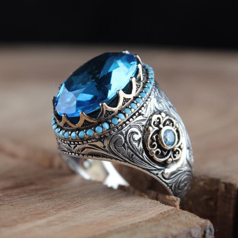 Inlaid Sea Blue Zircon Fashion Vintage Rings
