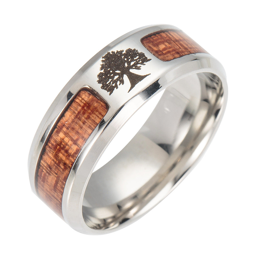 Stainless Steel Ornament Inlaid Acacia Wood Rings