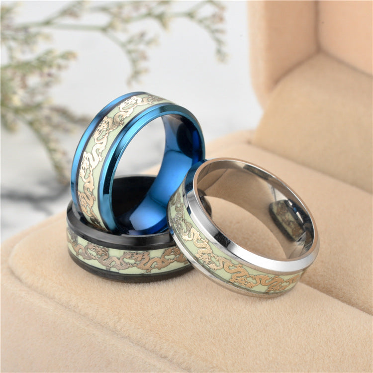 Steel Fluorescent Double Dragon Luminous Stainless Rings
