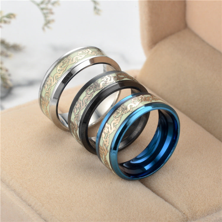 Steel Fluorescent Double Dragon Luminous Stainless Rings