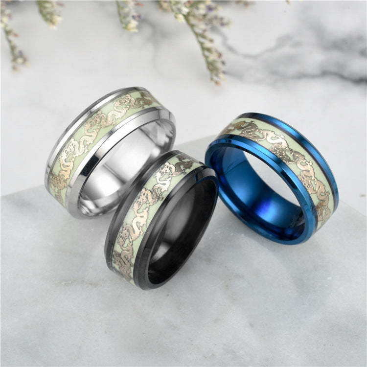 Steel Fluorescent Double Dragon Luminous Stainless Rings