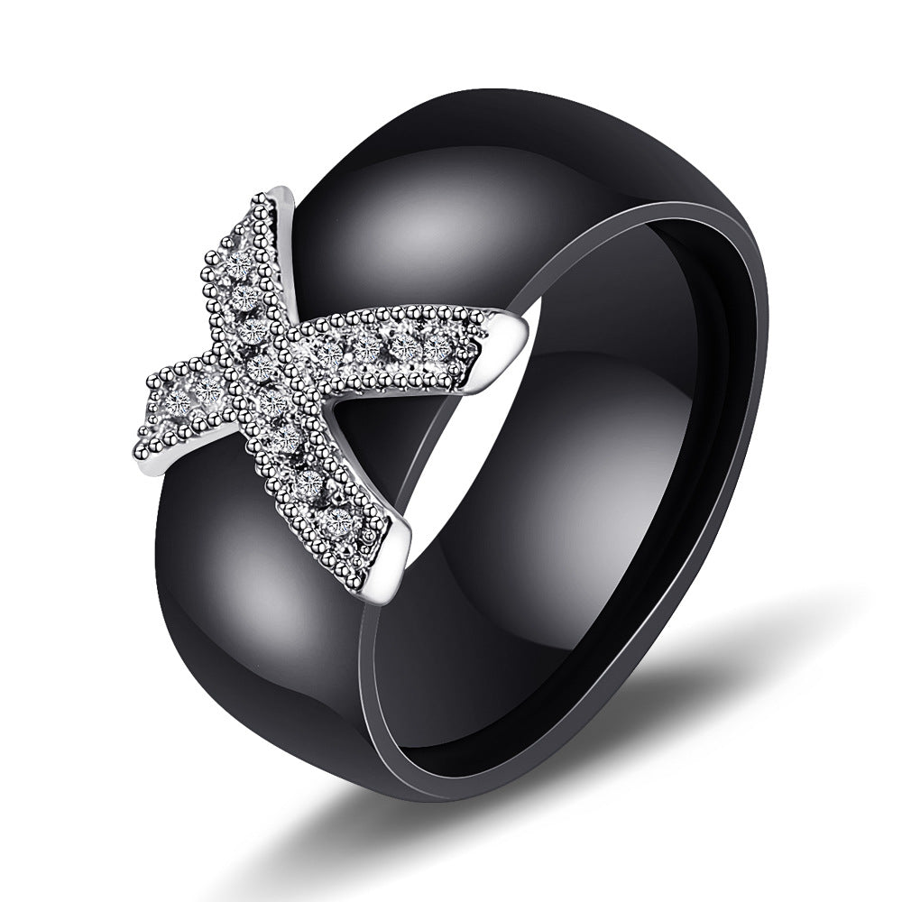 Black White Ceramic X Micro Inlaid Rings