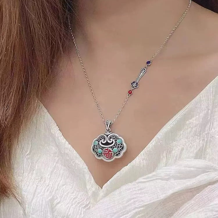 Sterling Sier Fu Character Longevity Lock Vintage Necklaces