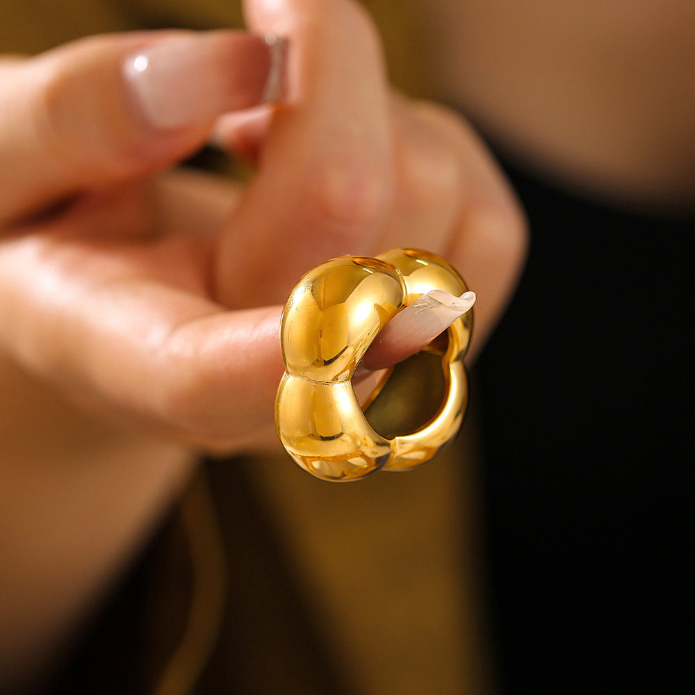 Women's Fashion Flower Glossy Geometric Real Gold Stainless Steel Rings