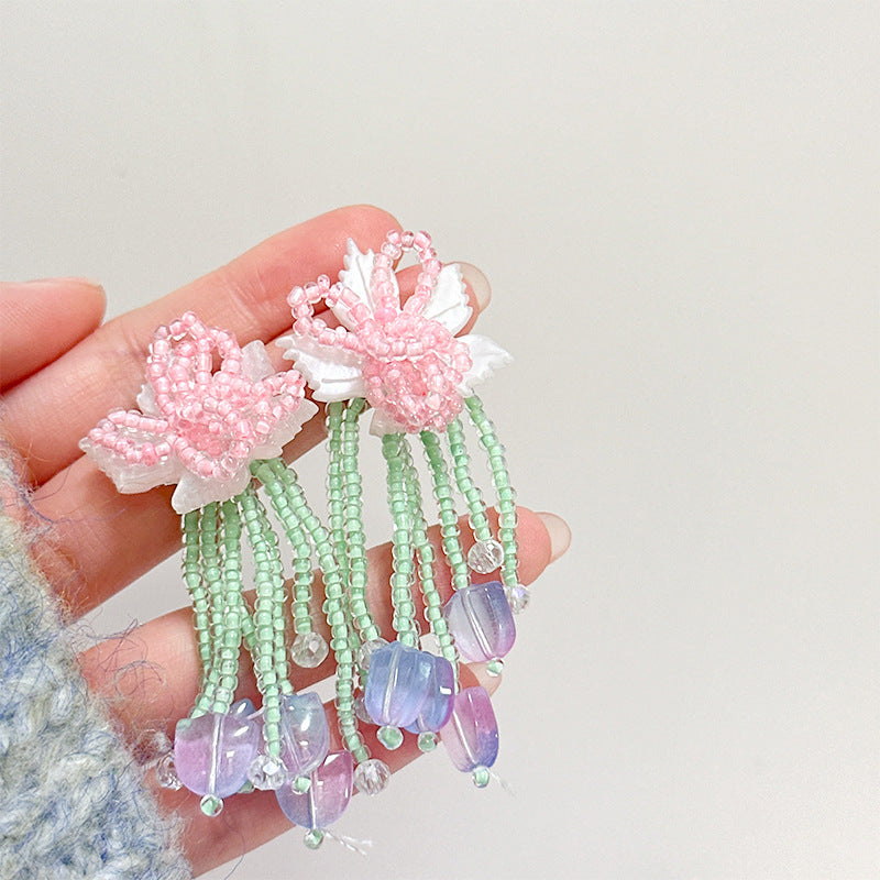 Women's Dopamine Beaded Flower Crystal Colored Glaze Earrings