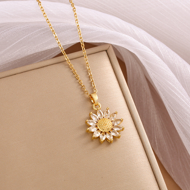 Sunflower Female Gold Titanium Steel Flower Zircon Clavicle Chain Necklaces