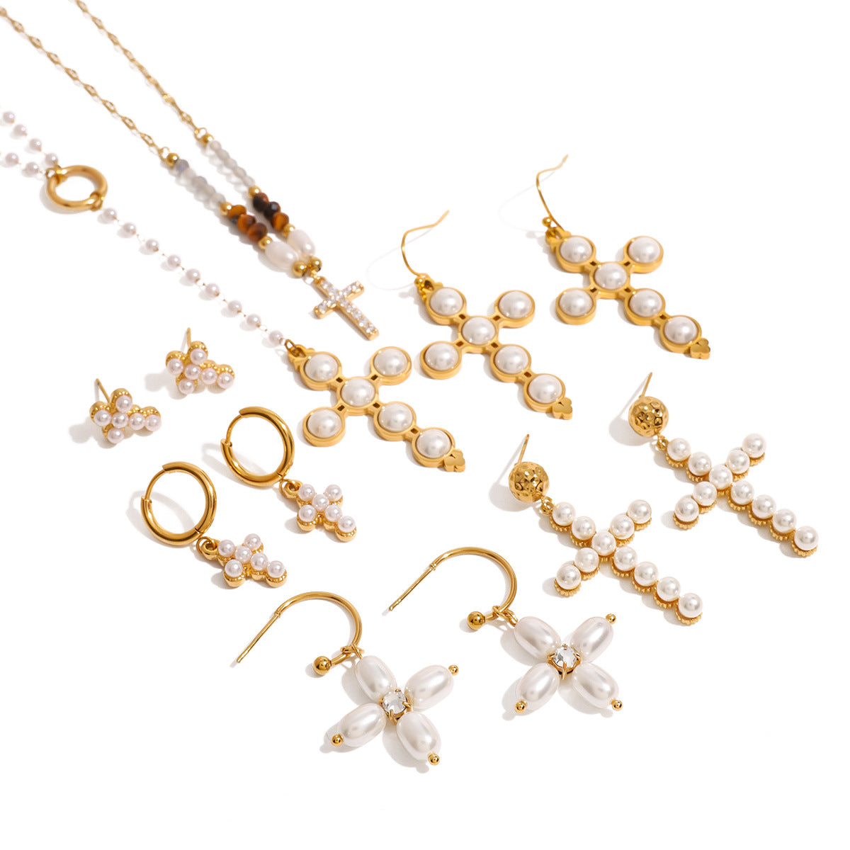 Women's Ding Ornament Stainless Steel Pearl Cross Earrings