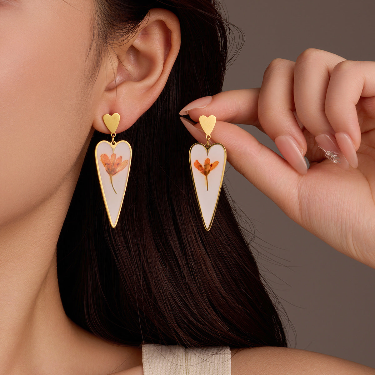 Heart Water Drops Geometric Dried Flower Earrings