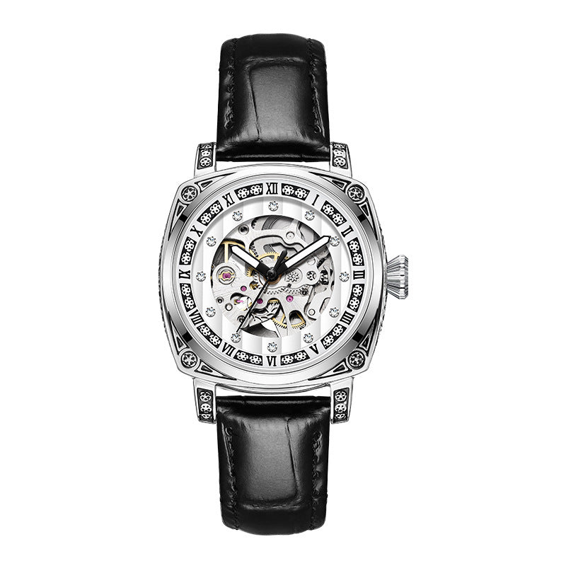 Men's Fashion Trend Carved Diamond Leather Needles Mechanical Watches