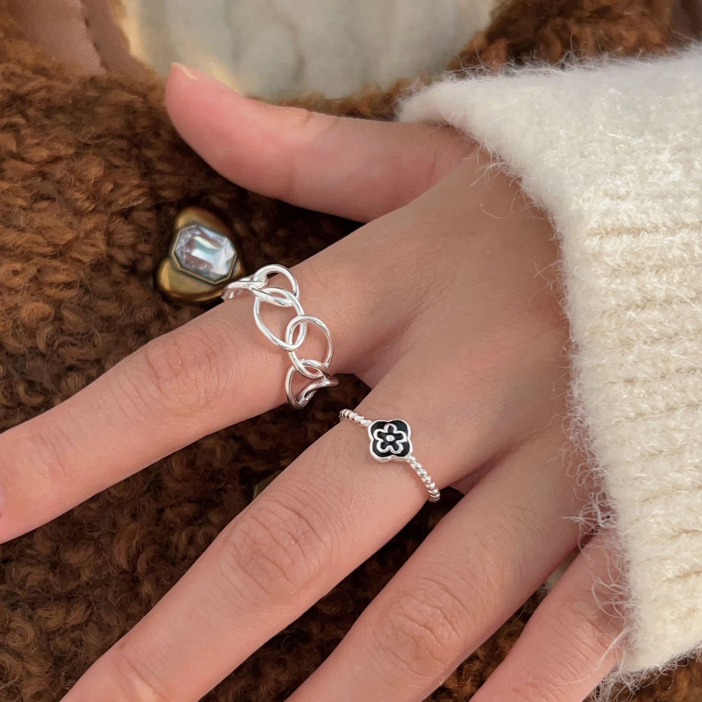Women's Style Flower Sterling Sier Hollow Geometry Rings