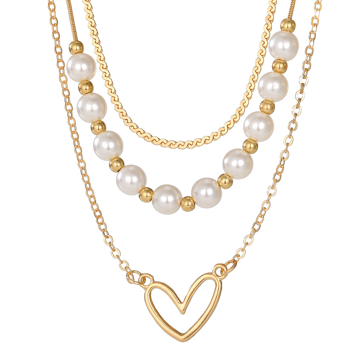 Women's Fashion Retro Love Heart Pearl Gold Twin Clavicle Necklaces
