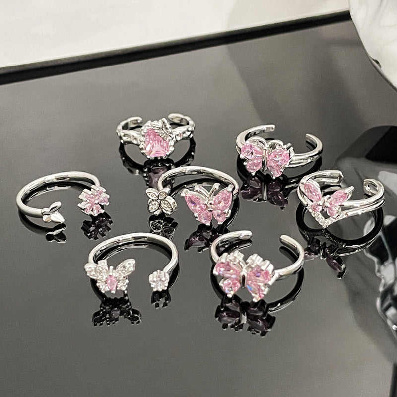 Sweet Cool Simple Graceful Pink Diamond Butterfly Opening Rings