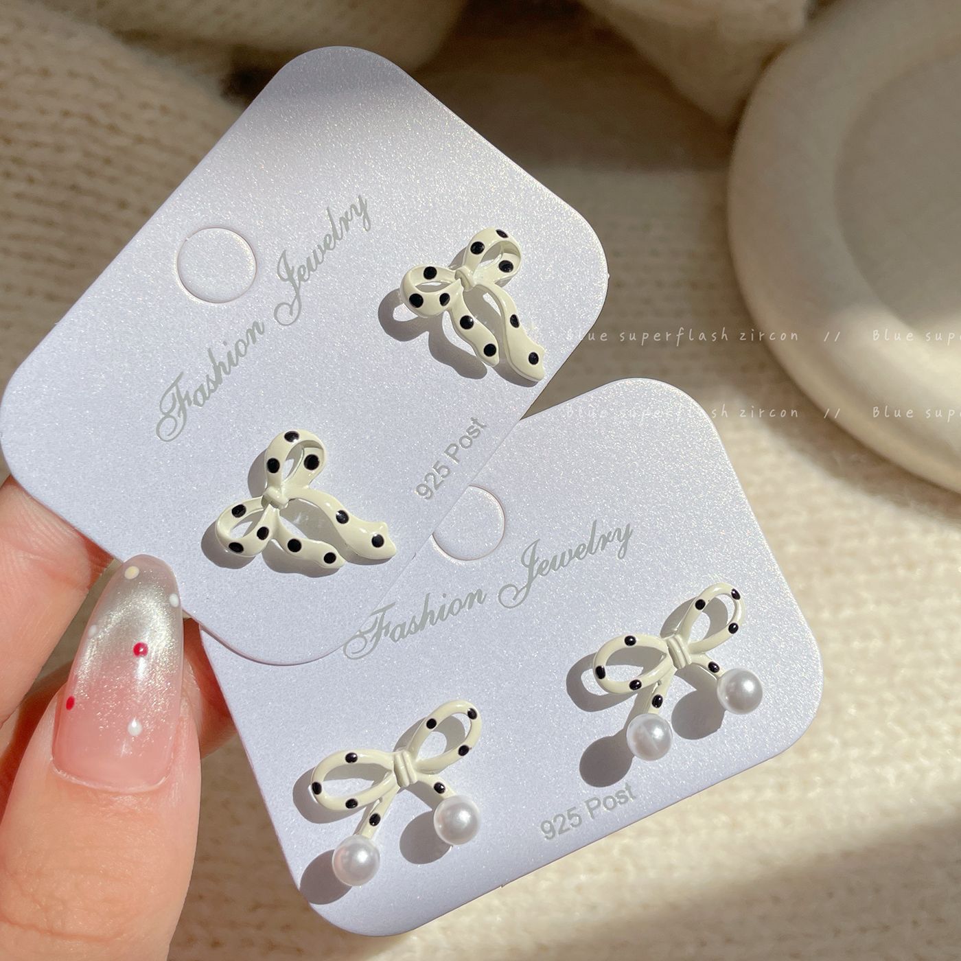 Women's White Polka Dot Bow Pearl Sier Needle Earrings