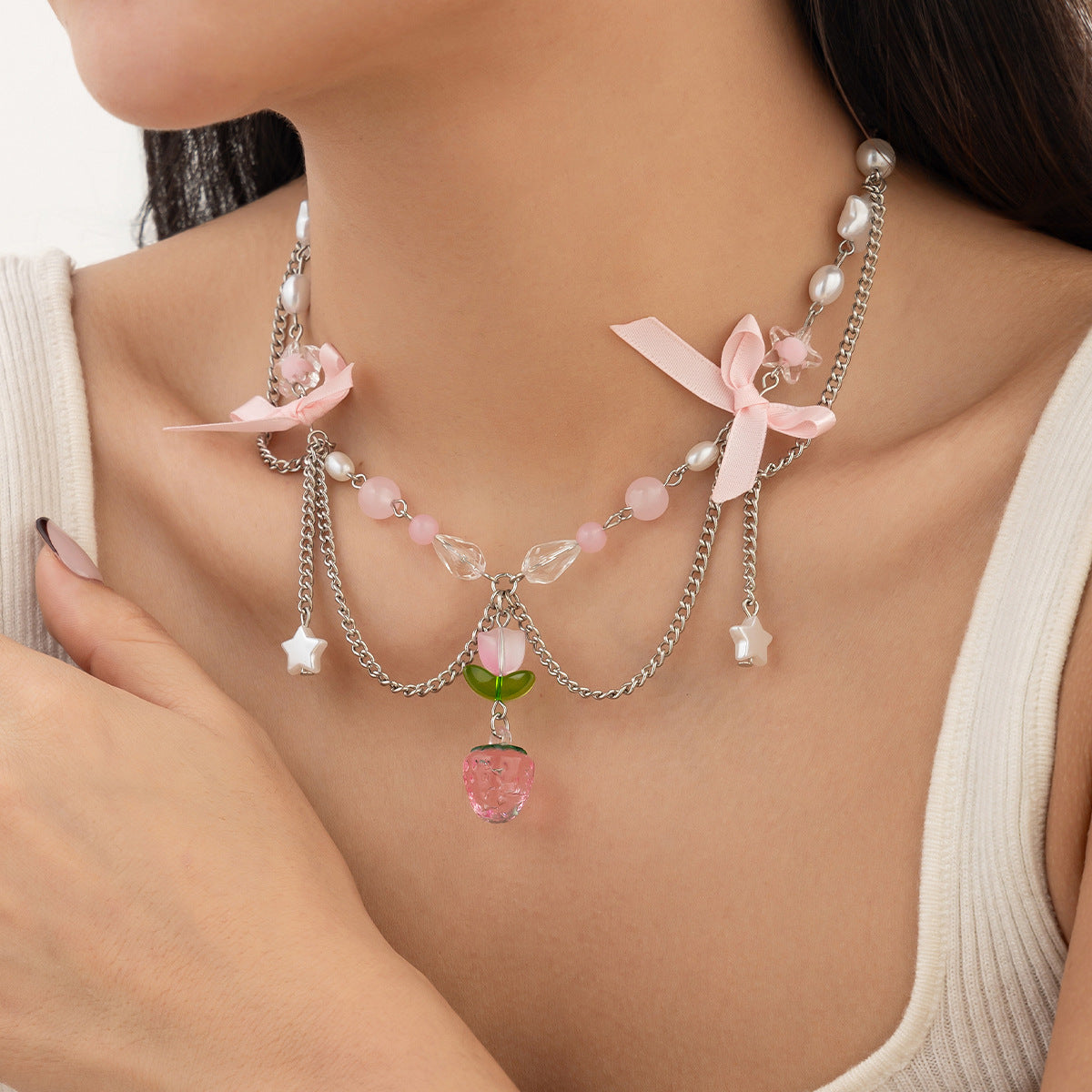 Sweet Style Bow Strawberry Simple Imitation Pearl Necklaces