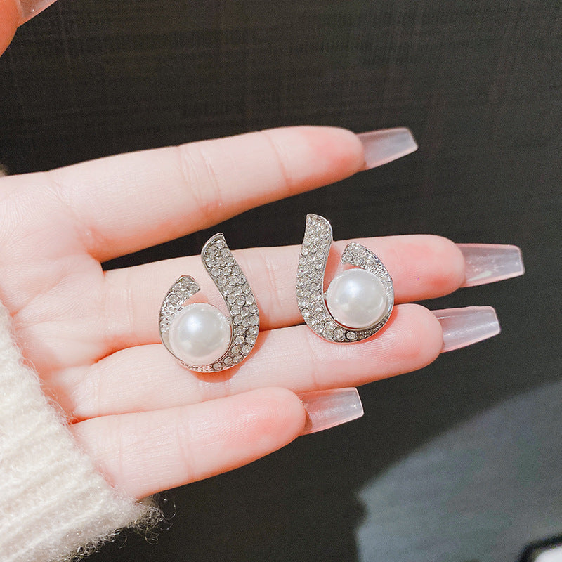 Fashion Life Love Sier Pearl Diamond Water-drop Eardrops Earrings