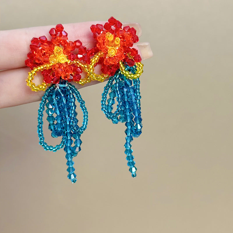 Women's Dopamine Beaded Flower Crystal Colored Glaze Earrings