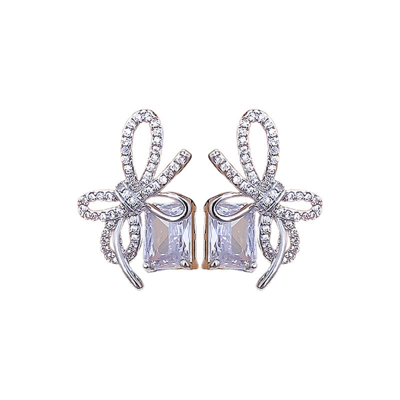 Women's Needle Simple Graceful Bow Ribbon Zircon Earrings