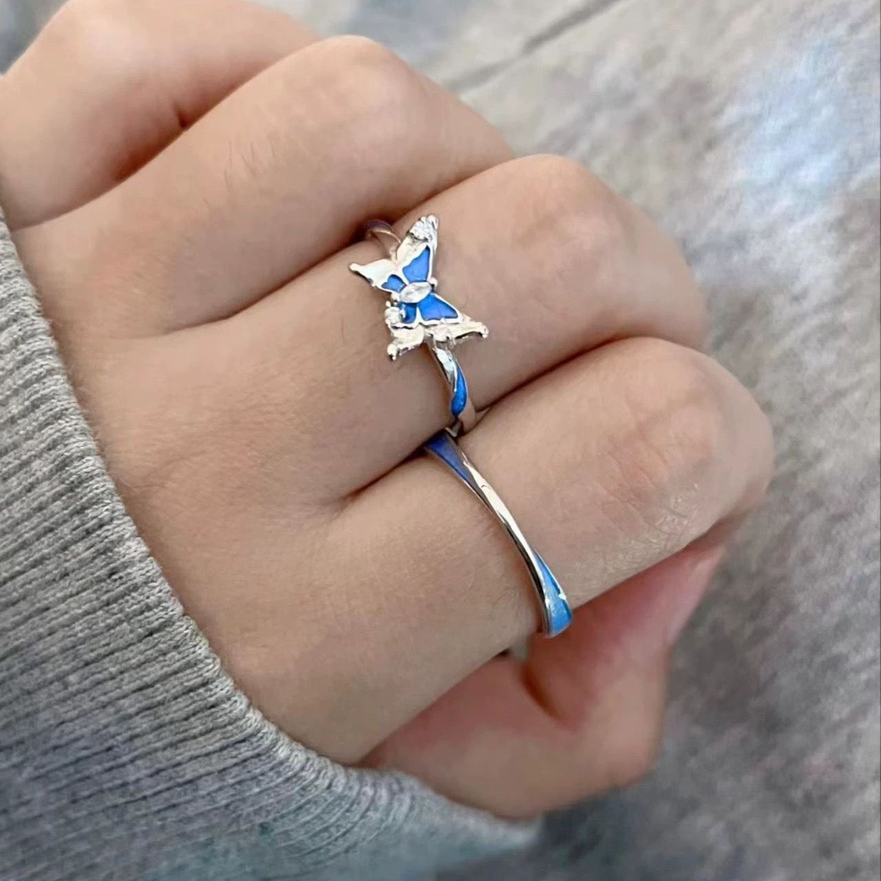 Sterling Sier Dream Blue Butterfly Luminous Couple Rings
