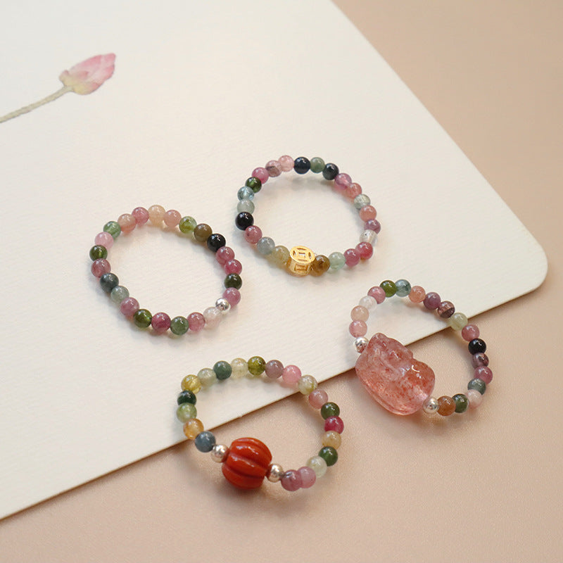 Tourmaline Sterling Sier Chinese Style Strawberry Quartz Charm Elastic Rings