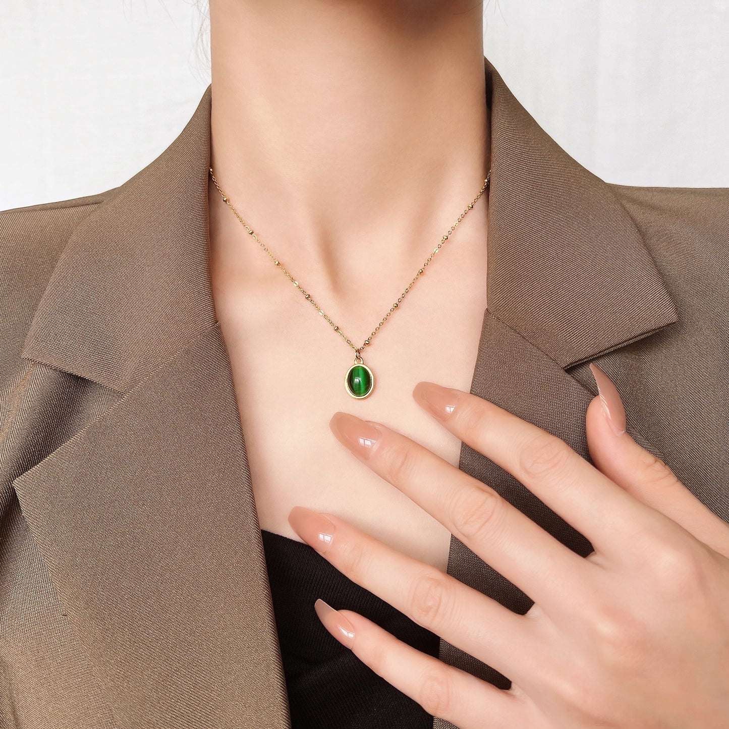 Women's Titanium Steel Gold Plated Blue Green Clavicle Chain Necklaces