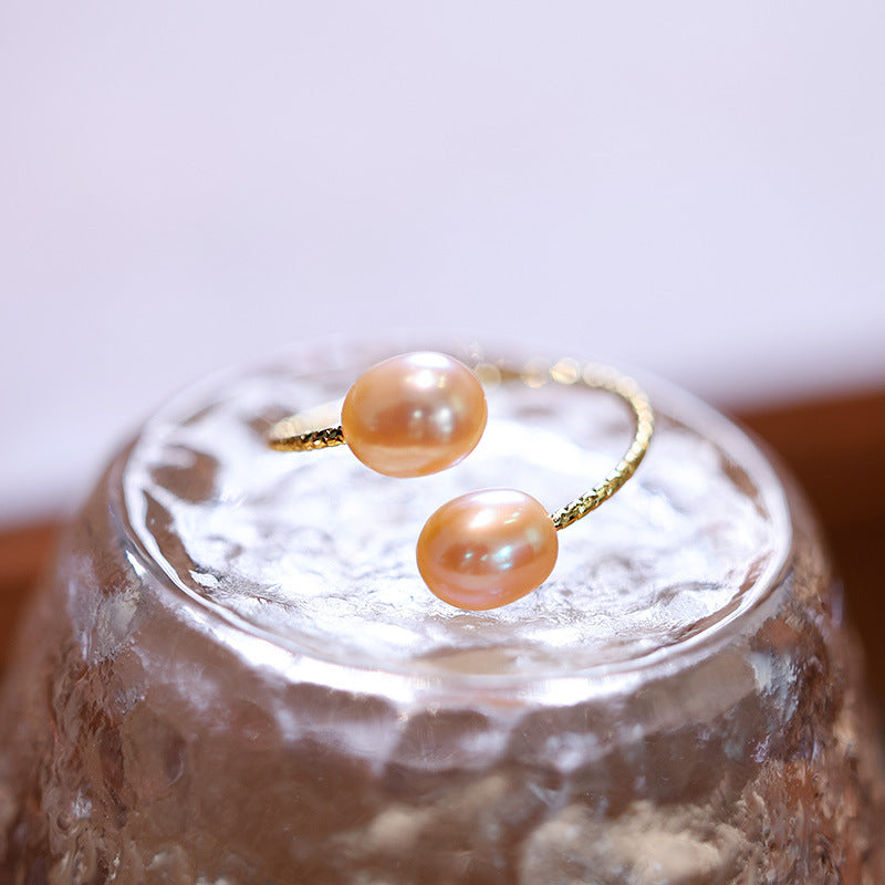 Women's French Elegant Natural Freshwater Pearl Three-color Open Mouth Index Rings