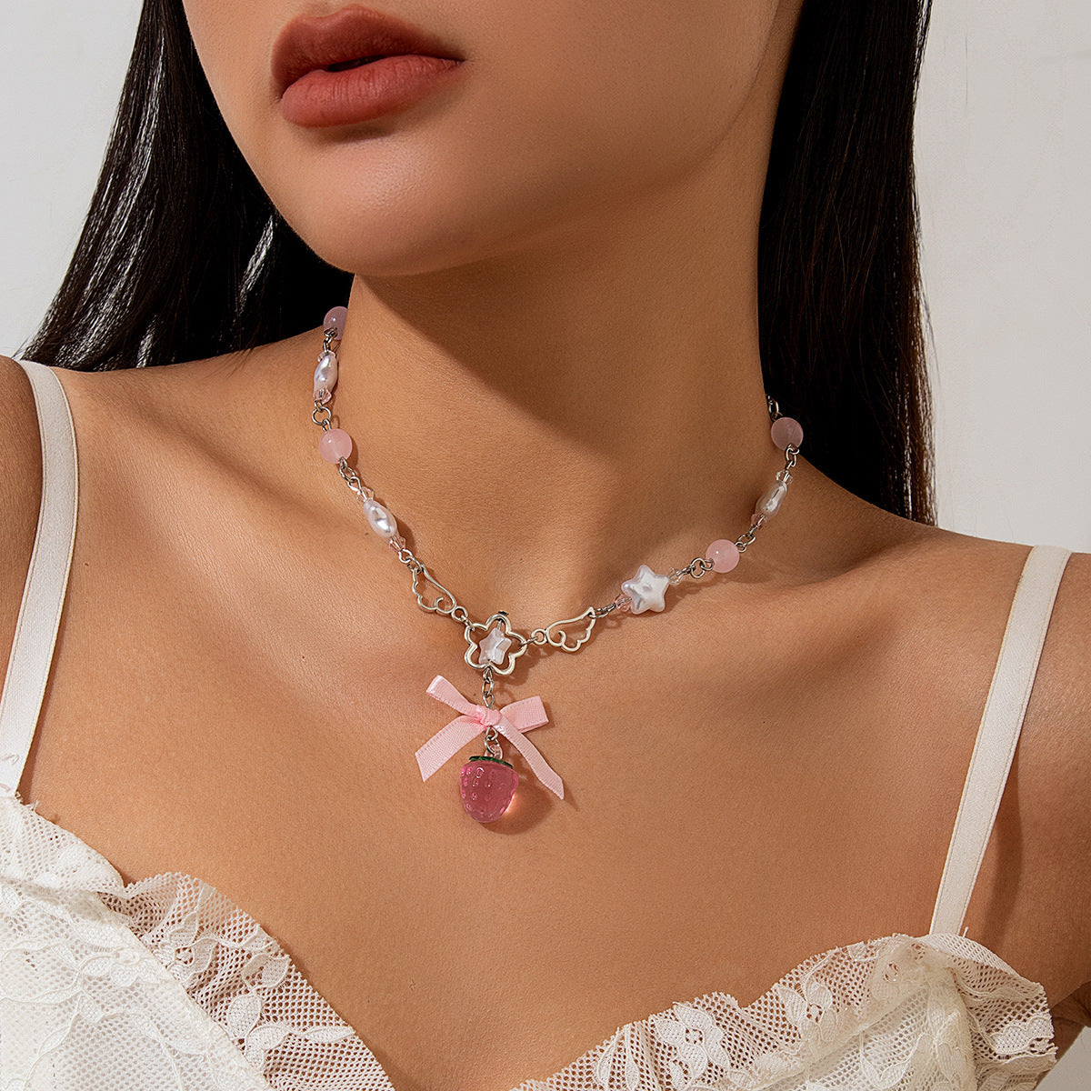 Sweet Style Bow Strawberry Simple Imitation Pearl Necklaces