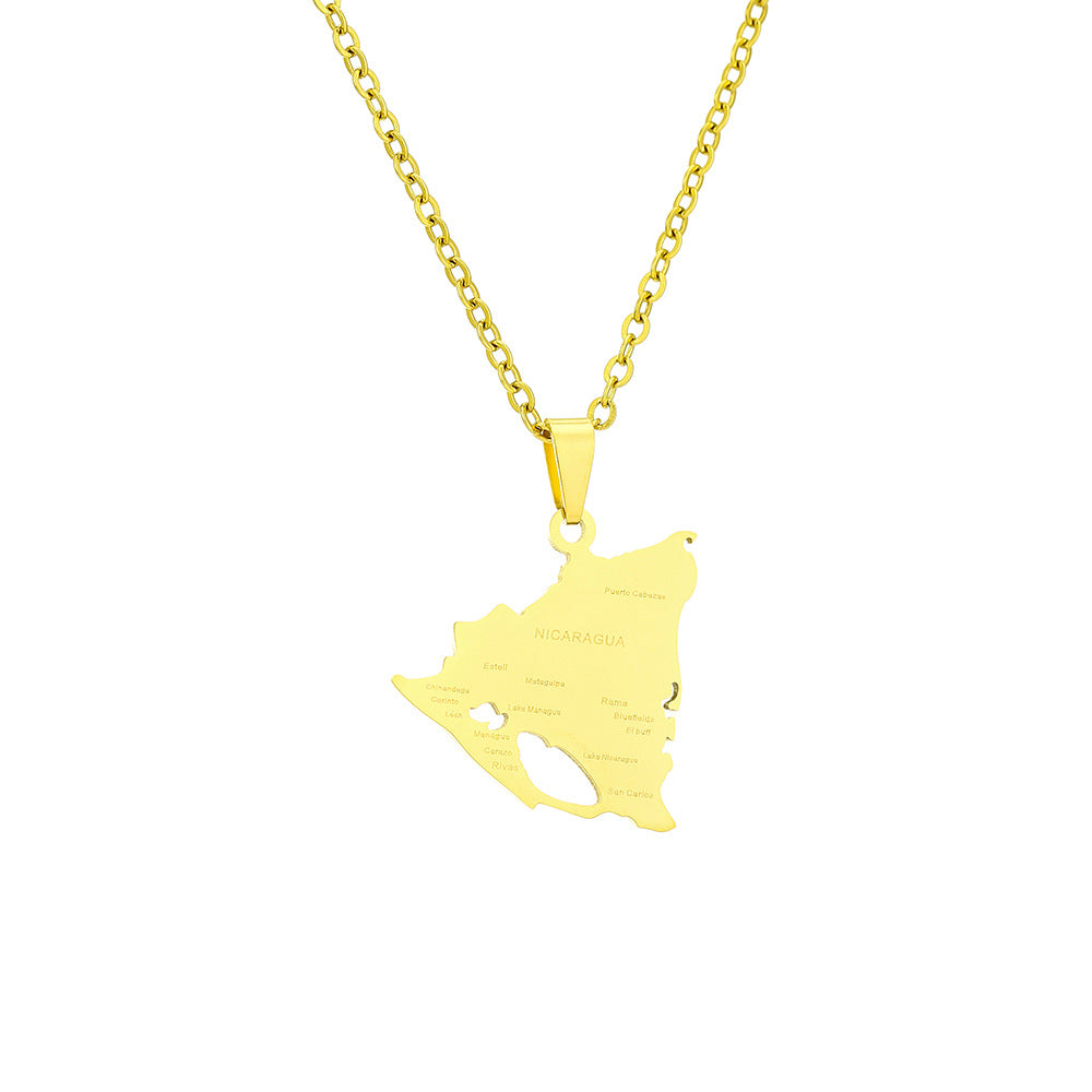 Women's & Men's Fashion Titanium Steel Glossy Nicaragua Map Necklaces