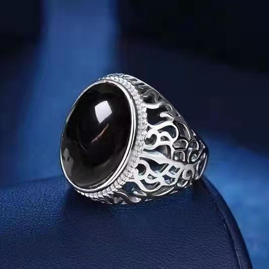 Men's Plated Black Agate Opening Domineering Personalized Rings