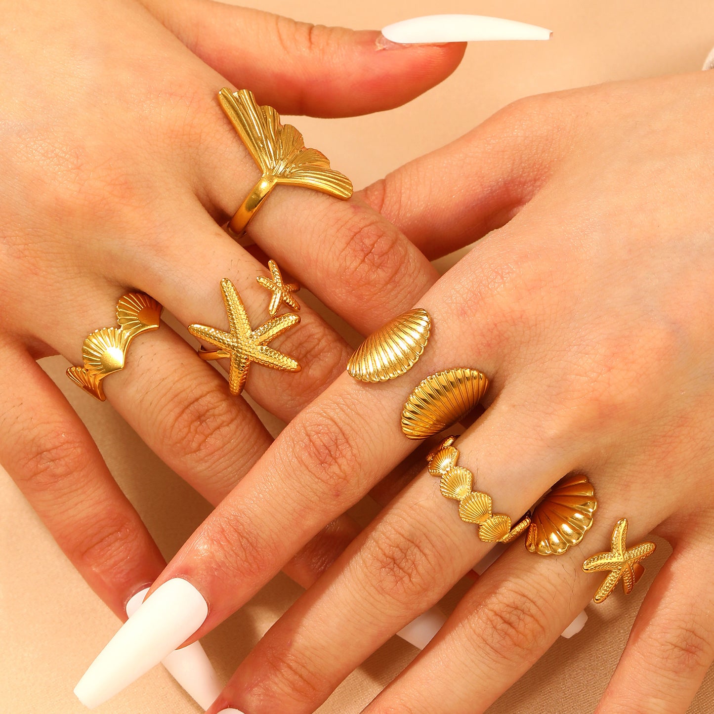Female Starfish Sea Shell Ginkgo Leaf Ocean Rings