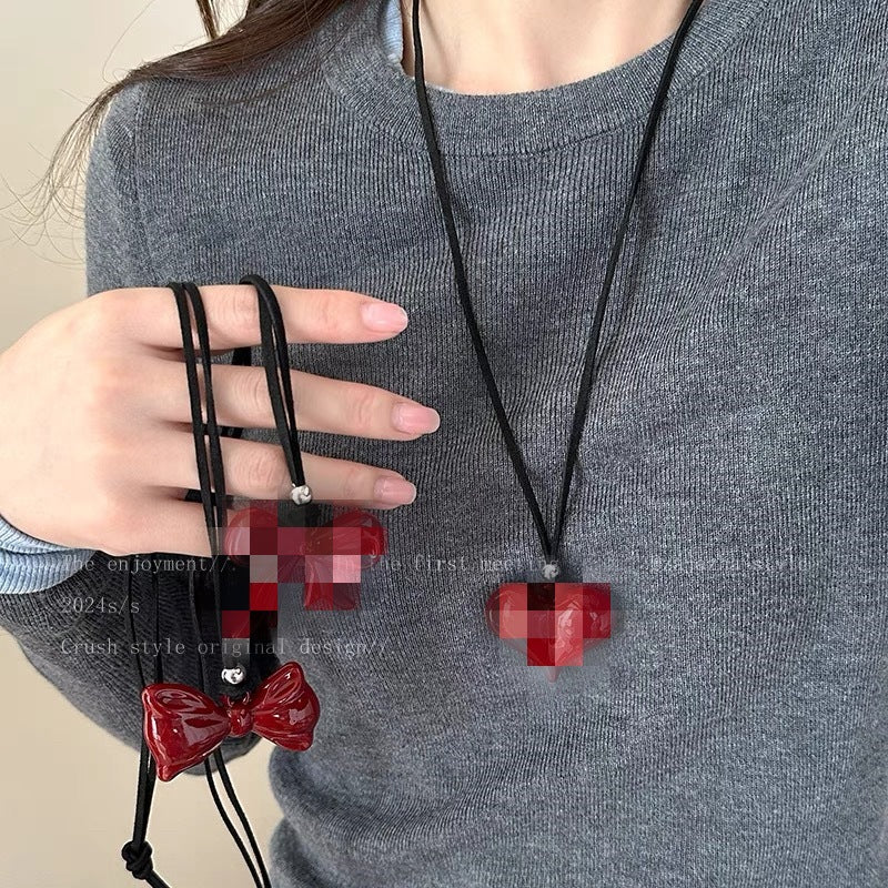 Women's Red Bow Minimalist Sweater Chain Minority Black Leather Necklaces
