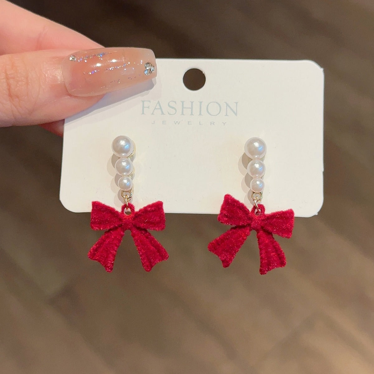 Red Black Bow Pearl Plush Light Earrings