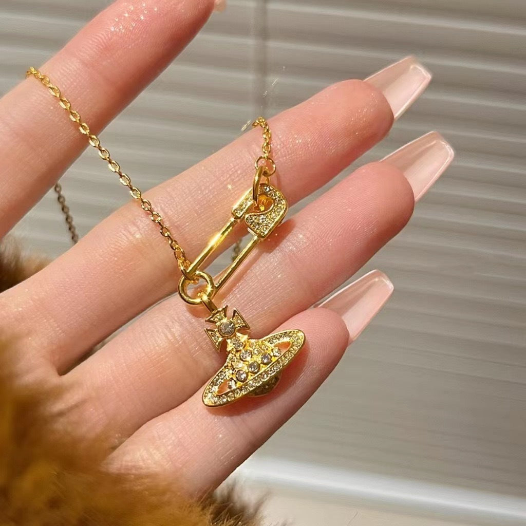 Gold Diamond Mini Planet Titanium Steel Necklaces