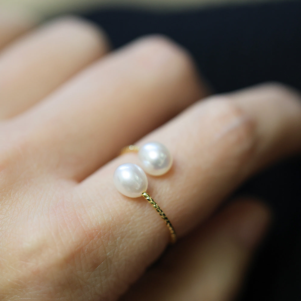 Women's French Elegant Natural Freshwater Pearl Three-color Open Mouth Index Rings