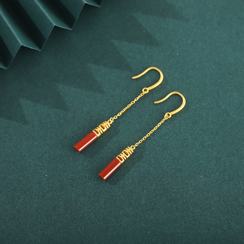 Women's Red Agate Double Happiness Gilding Hanging Earrings