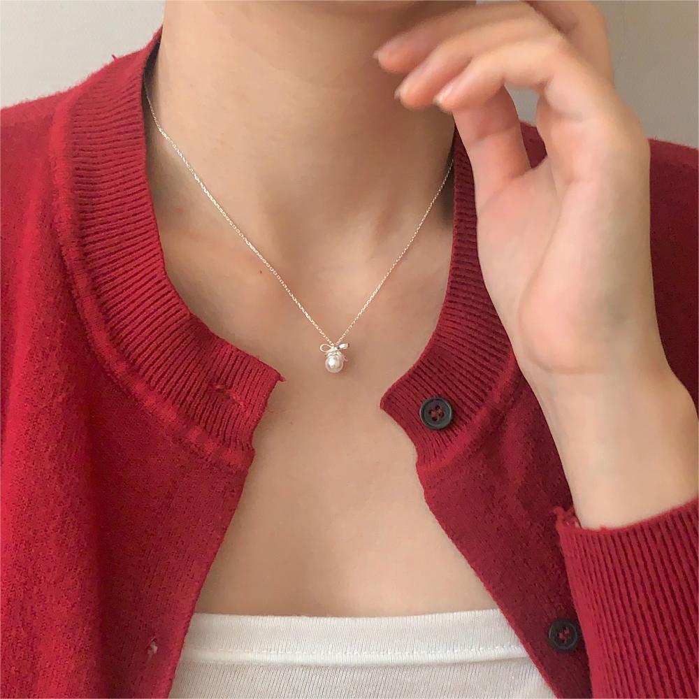 Korean Style Sterling Sier Bow Pearl Simple Necklaces