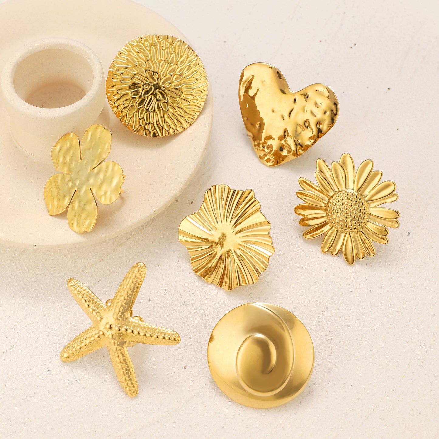 Stainless Steel Embossed Design Flower Starfish Love Rings