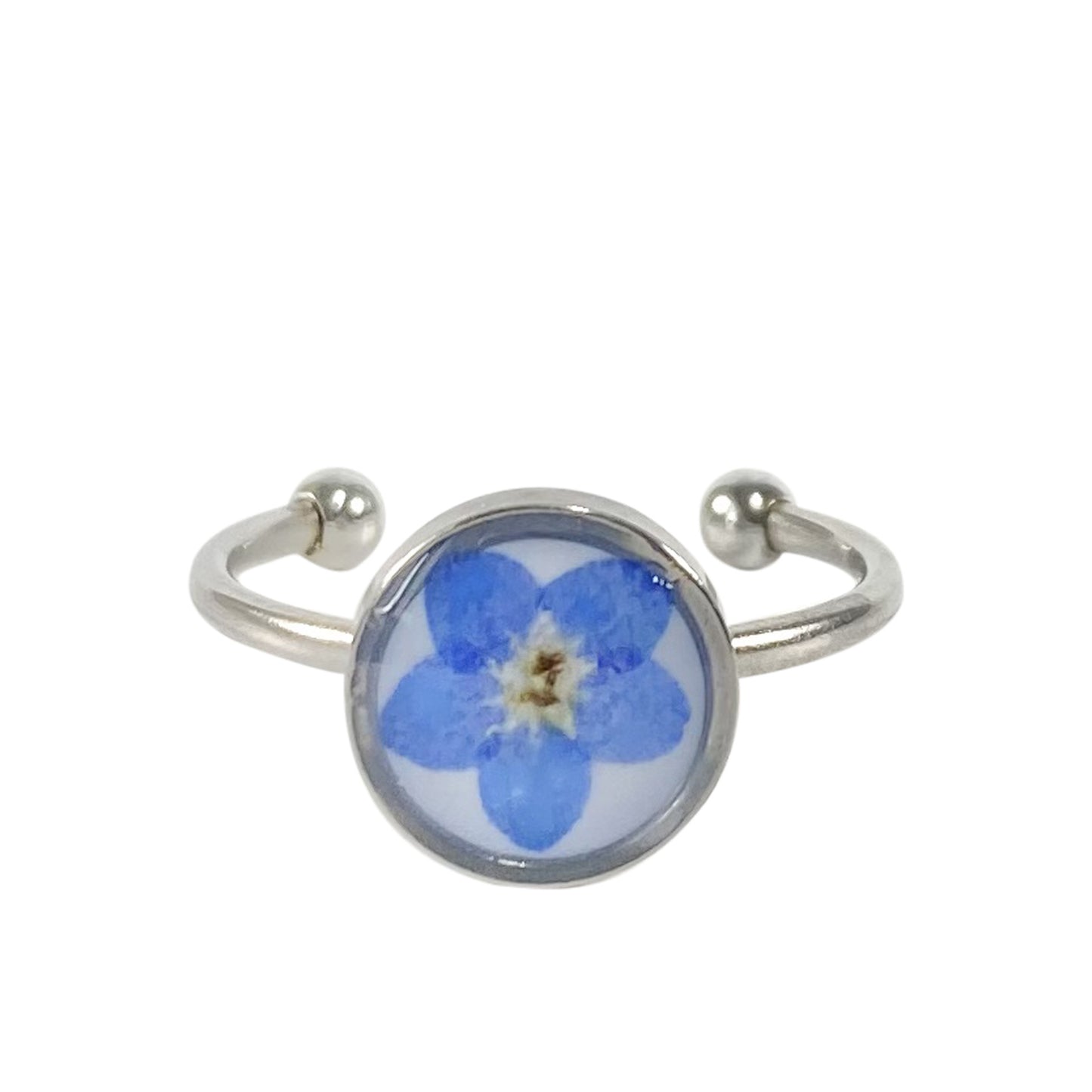 Natural Myosotis Dried Flower Stainless Steel Rings