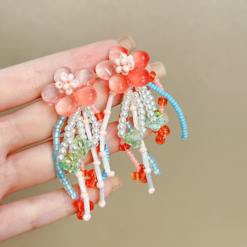 Women's Dopamine Beaded Flower Crystal Colored Glaze Earrings