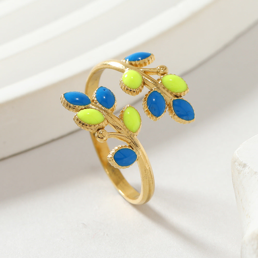 Ornament Oil Pressure Colorful Leaves Open Female Light Luxury Rings