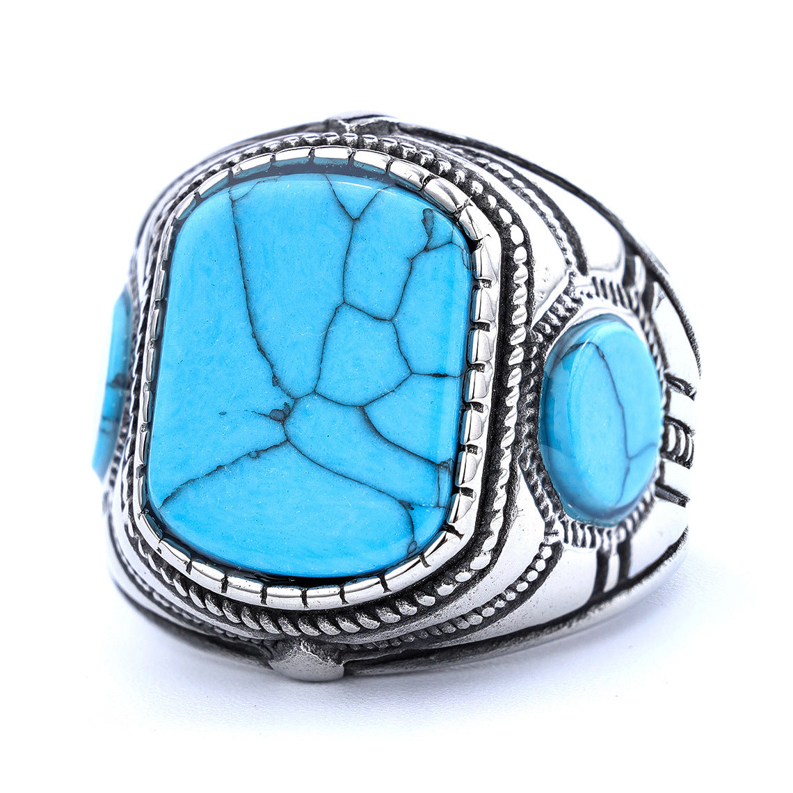 Men's Stainless Steel Fashion Retro Three-sided Blue Rings