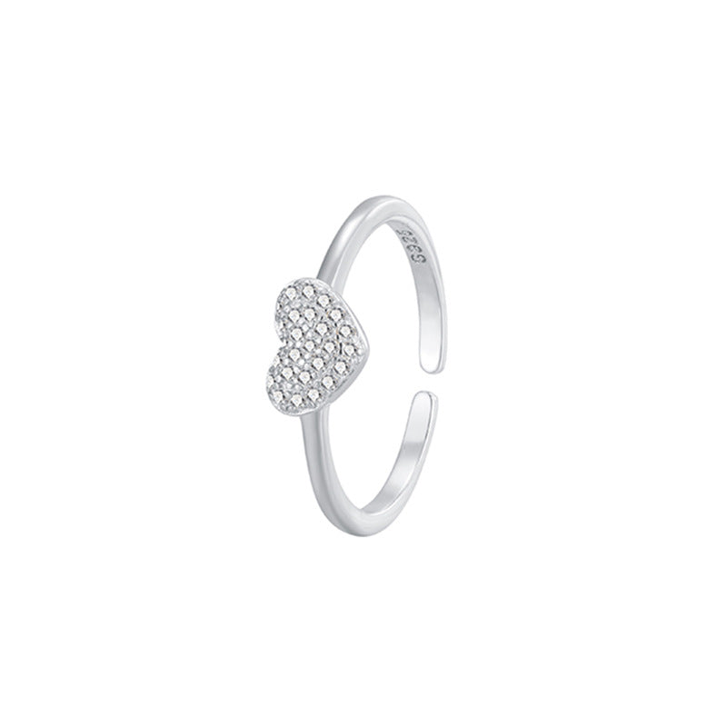 Women's Heart-shaped Sterling Sier Sweet Rhinestone Heart Rings