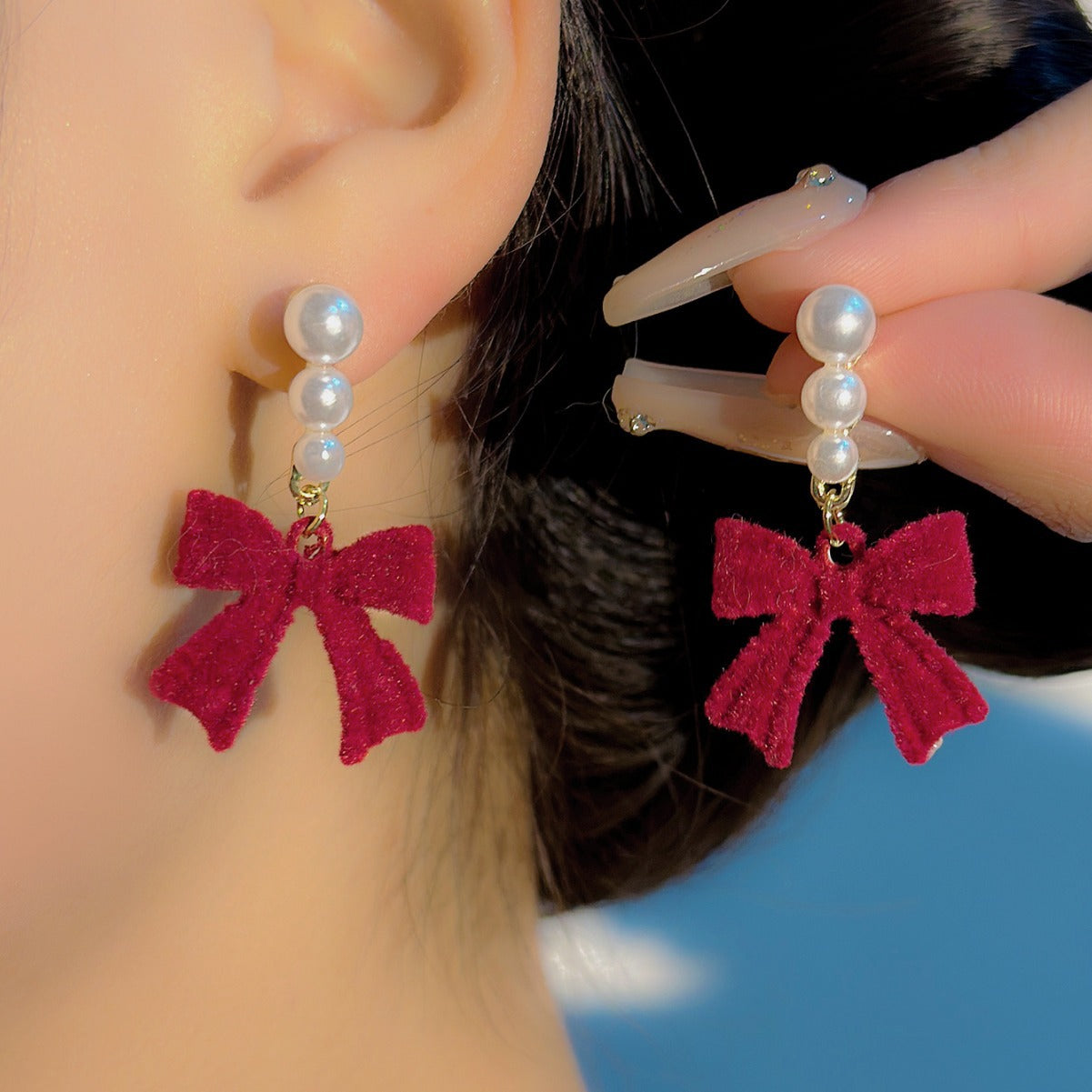 Red Black Bow Pearl Plush Light Earrings