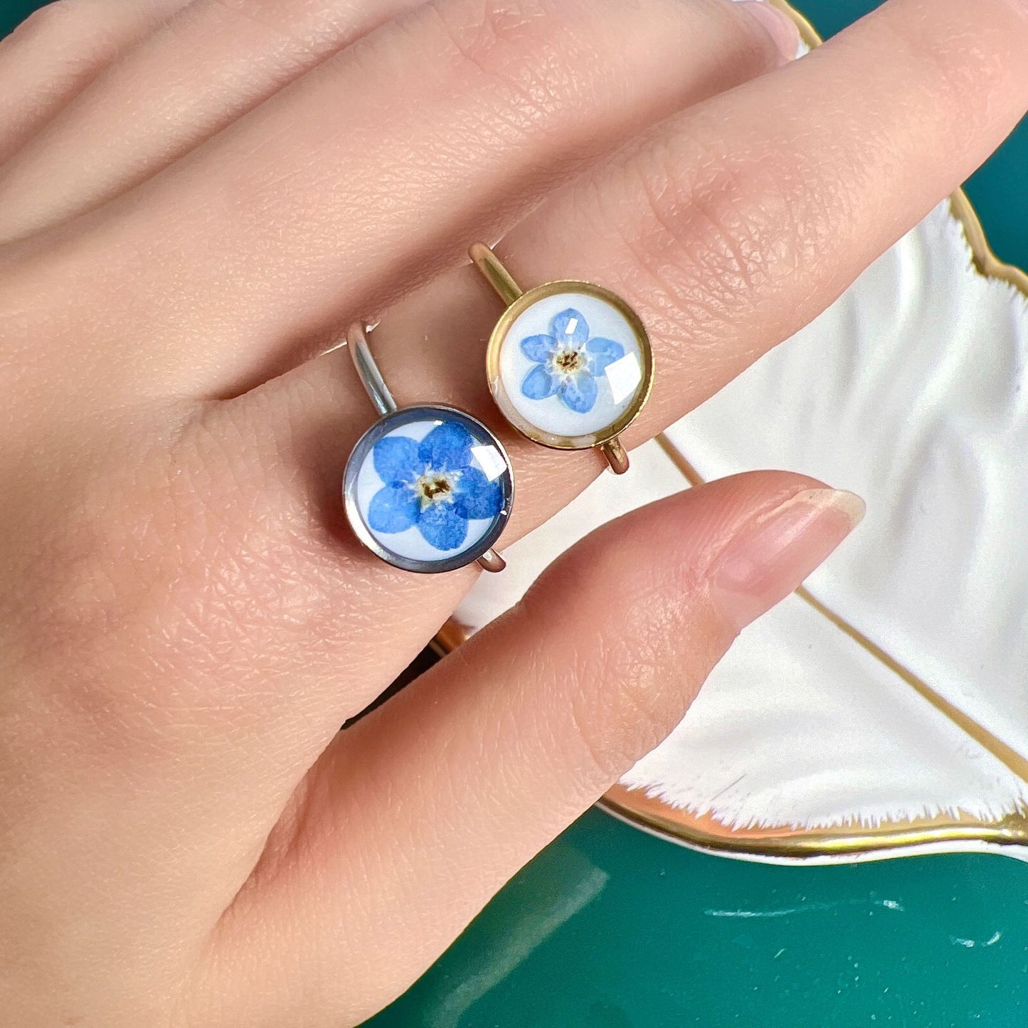 Natural Myosotis Dried Flower Stainless Steel Rings
