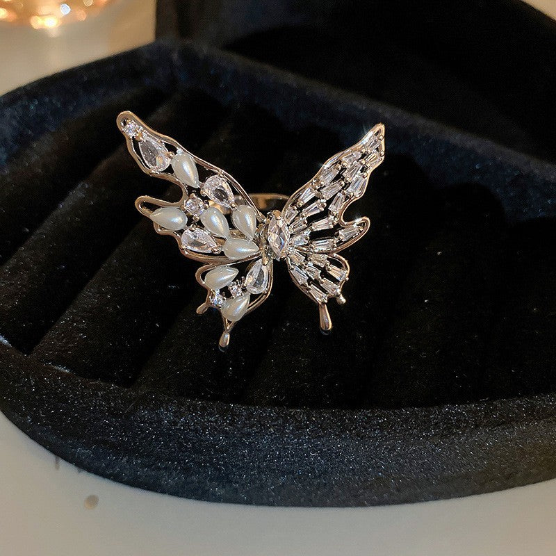 Electroplated Freshwater Pearl Zircon Stitching Butterfly Exquisite Rings