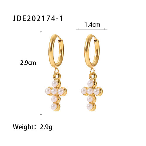 Women's Ding Ornament Stainless Steel Pearl Cross Earrings