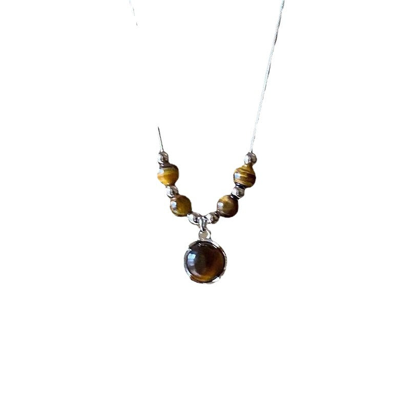 Women's Style Leather Tiger Eye Simple Sweater Chain Necklaces