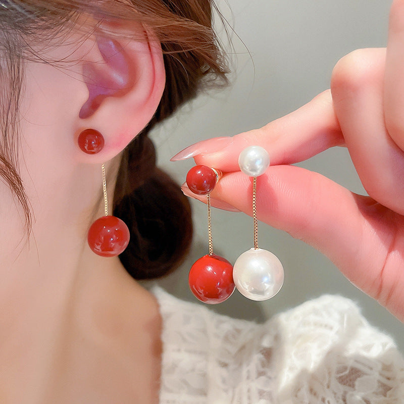 Women's Sier Needle Pearl Tassel Fashion Personalized Temperamental Eardrops Rings