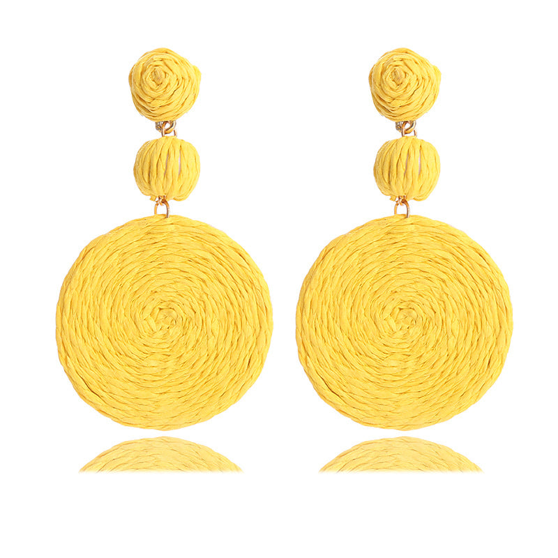 Bohemian Raffia Round Summer Beach Vacation Earrings